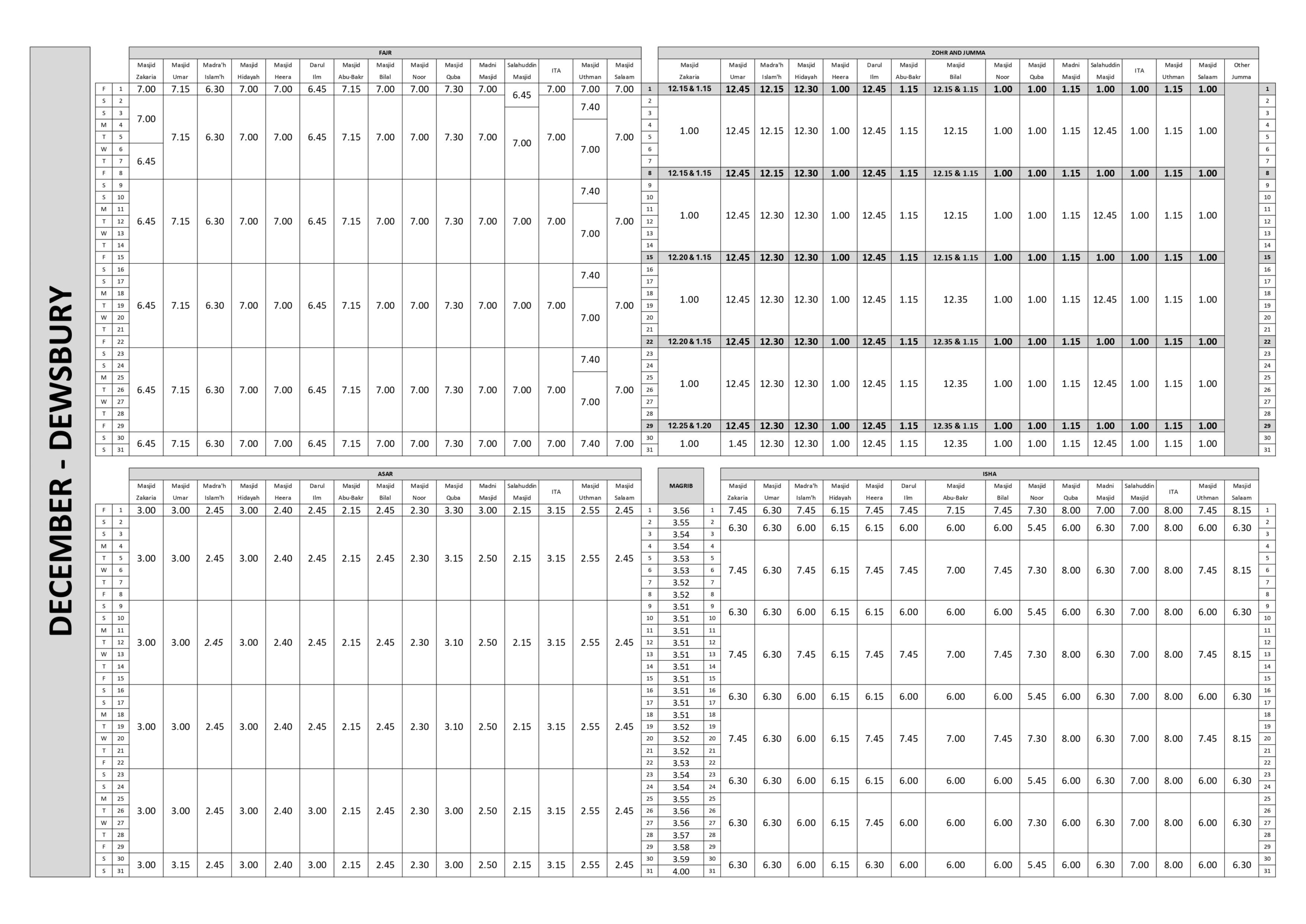 Timetable – Masjid E Bilal